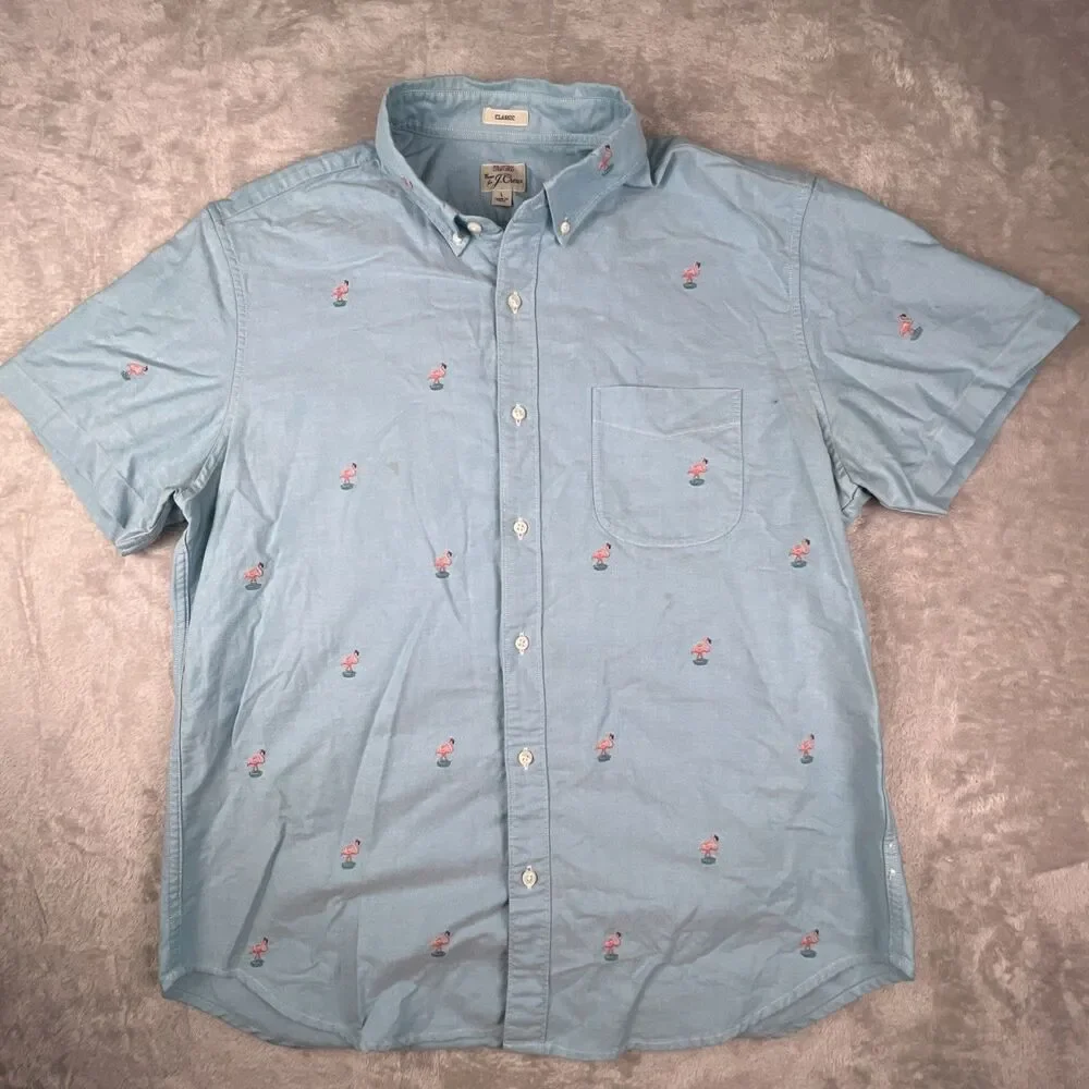 J.Crew Flamingo Embroidered Oxford Shirt Mens Large Blue Button Front Cotton